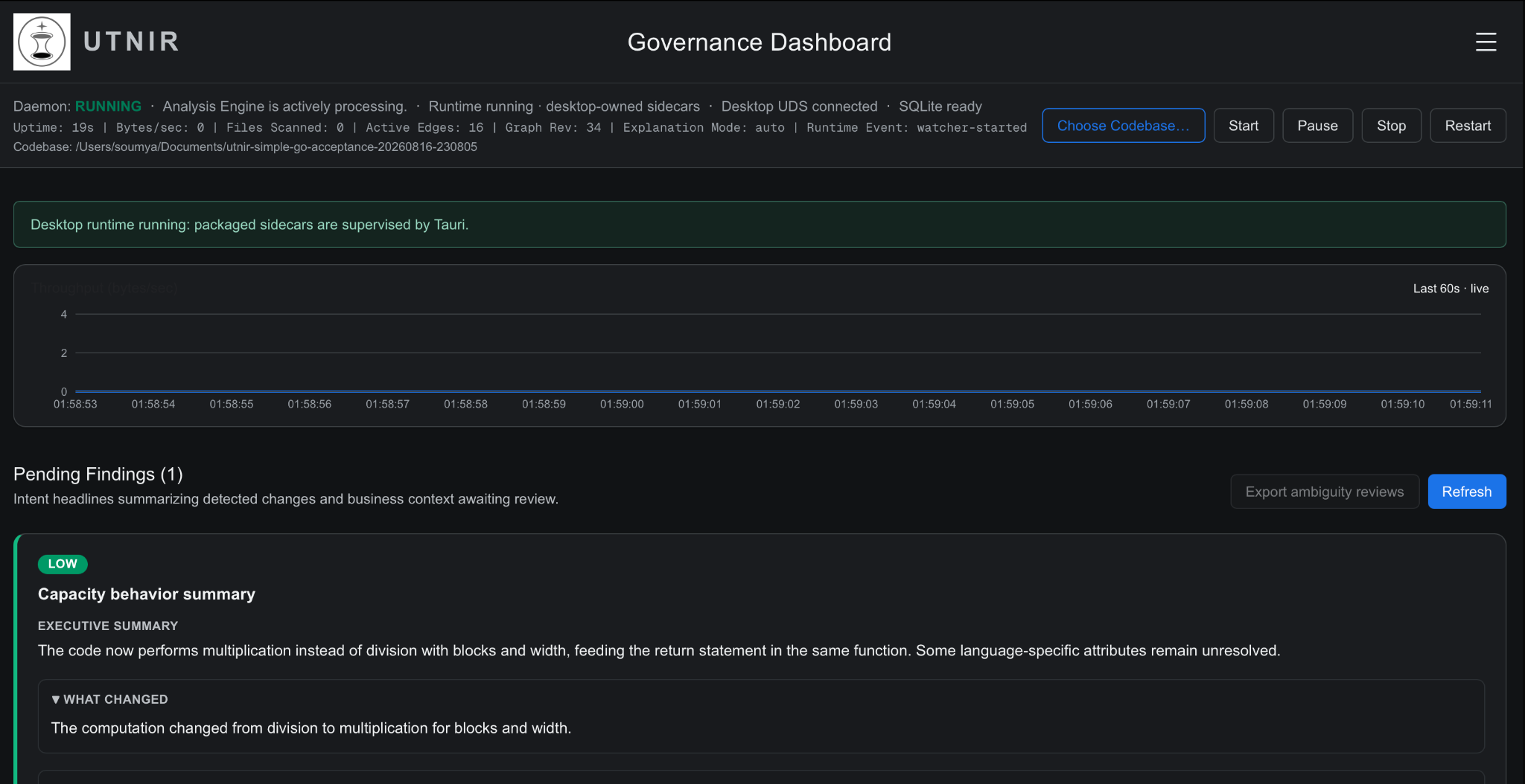 UTNIR Governance Dashboard showing a reviewable software intent finding